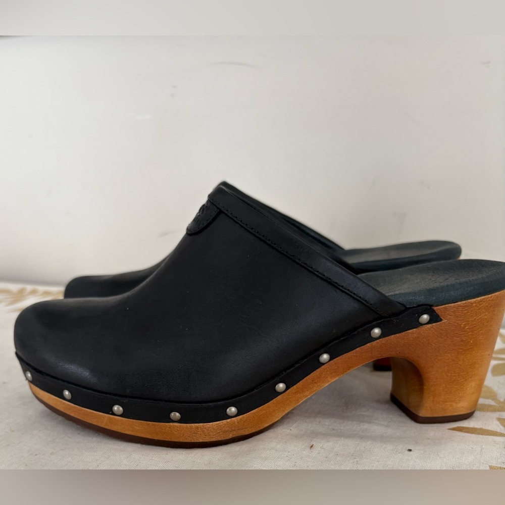 UGG Black Leather Mules with Wooden Sole